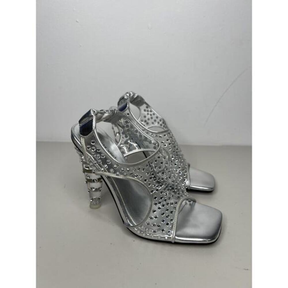 New Jeffrey Campbell Genevieve Clear Sequined Square Toe Heels Sandals Size 6.5